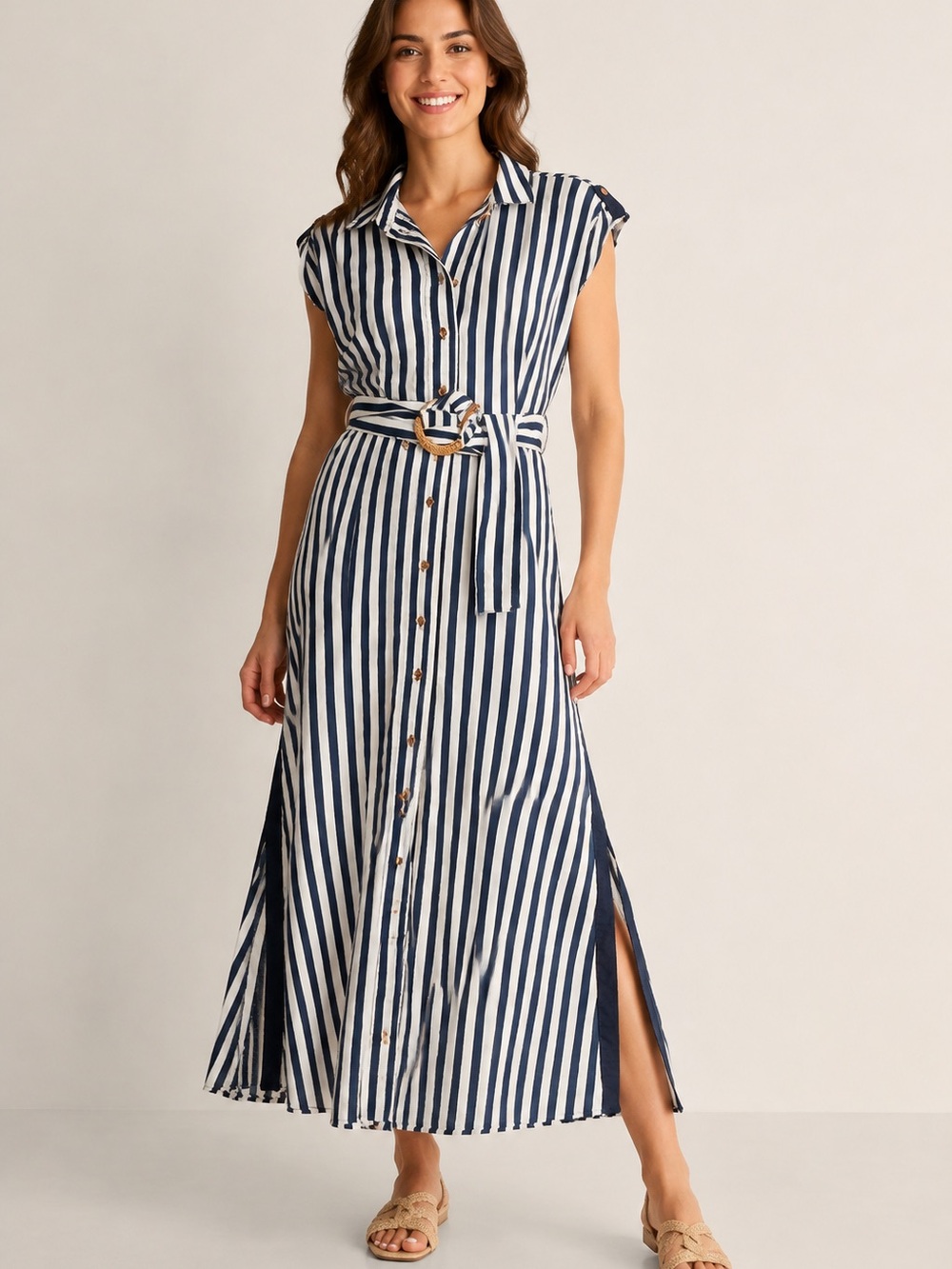 ZARA XS Navy White Striped Belted Shirt Dress Side Slits Round Buckle